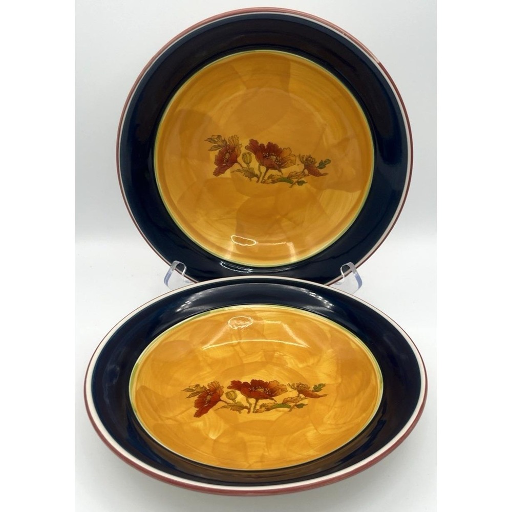 2 Robert Gordon of Australia WILD POPPY Soup Bowls 9" Yellow & Navy EUC